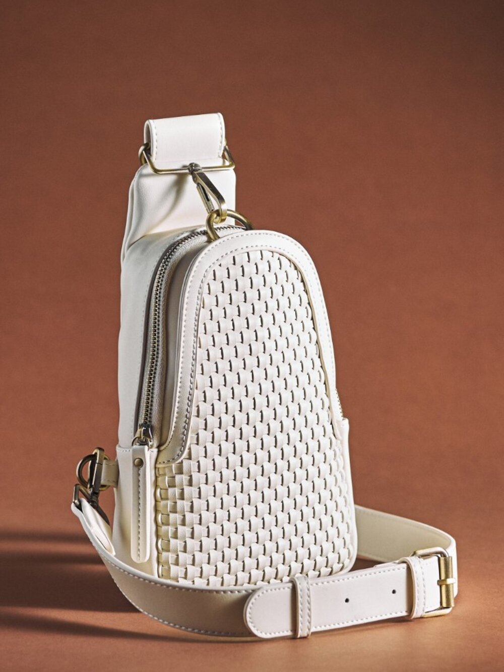 Anthropologie Urban Originals Woven Liberty Sling Bag Cream Vegan Leather Brass